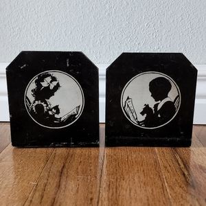 Pair of vintage metal little boy and little girl silhouette bookends